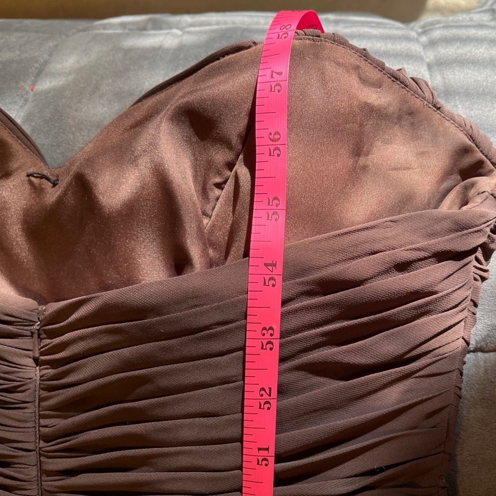 Y2K Whimsigoth Bling Strapless Brown Satin Asymmetrical Formal Gown Prom Dress - Picture 9 of 9